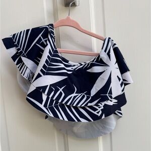 NWOT PatPat 3-4Y 3T Girls Blue and White Tropical Ruffle Bathingsuit Bikini Top